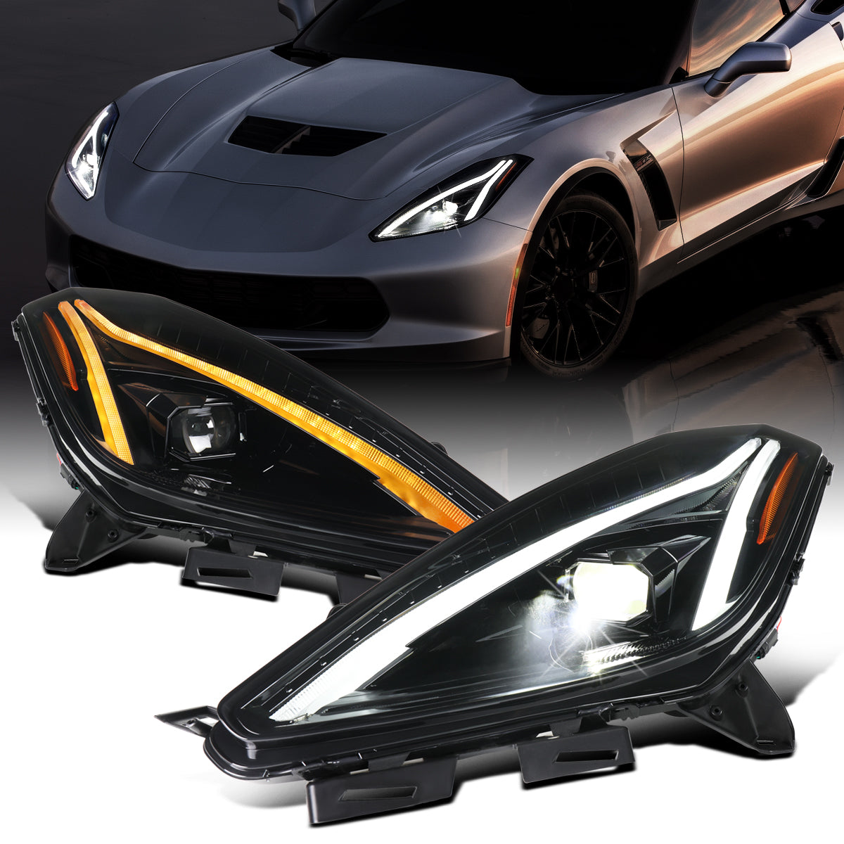2014-2019 Chevy Corvette C7 Full LED Switchback Sequential Turn Signals Animated Startup Headlights Pair | Gloss Black