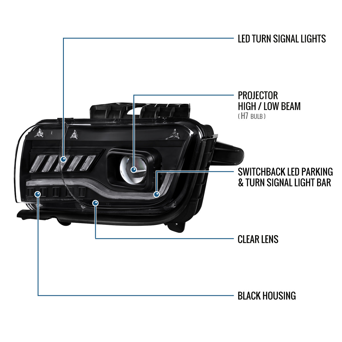 Ronnin - Se adapta a Chevy Camaro 2010-2014, conjunto de faros delanteros de proyector halógeno con intermitentes LED secuenciales, par | Negro
