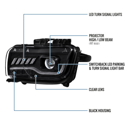 Ronnin - Se adapta a Chevy Camaro 2010-2014, conjunto de faros delanteros de proyector halógeno con intermitentes LED secuenciales, par | Negro