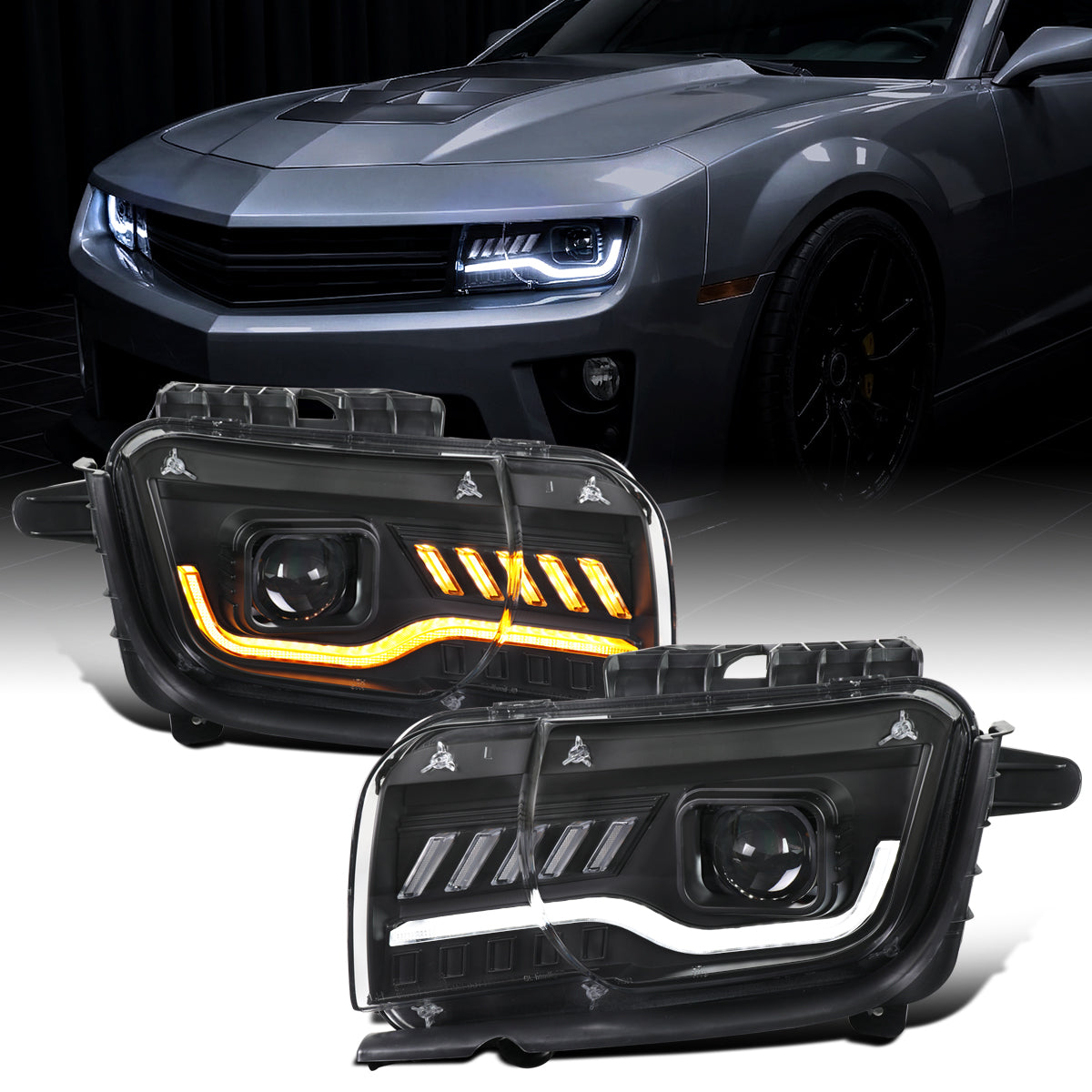 Ronnin - Se adapta a Chevy Camaro 2010-2014, conjunto de faros delanteros de proyector halógeno con intermitentes LED secuenciales, par | Negro