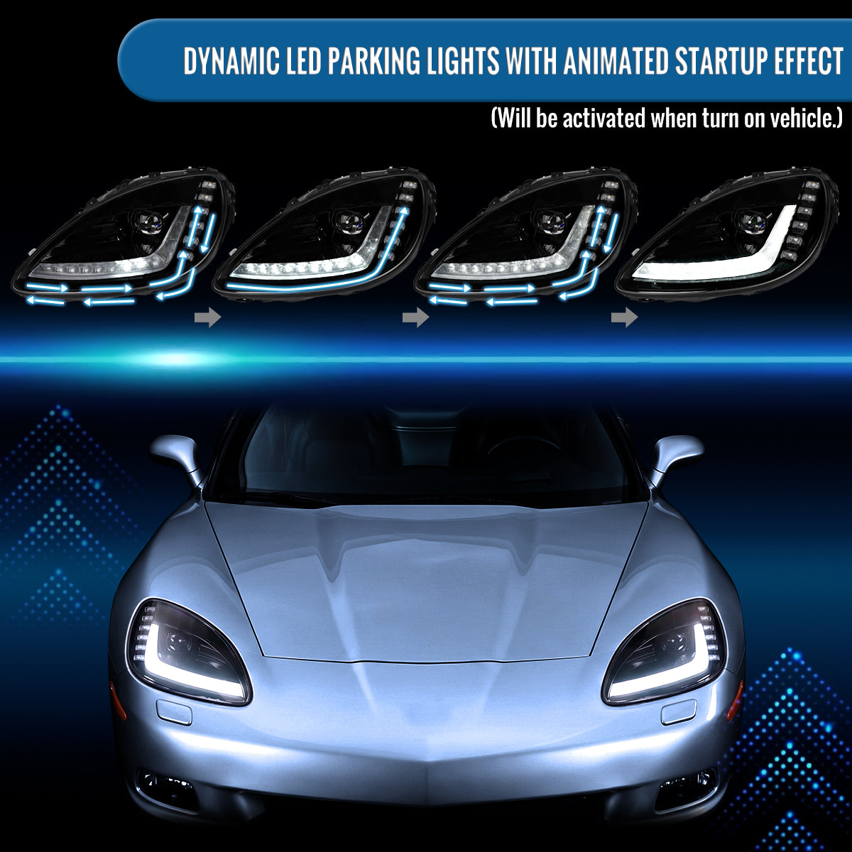 2005-2013 Chevy C6 Corvette Upgrade C7-Style Full LED Headlights Sequential Turn Signals + Animated Startup Assembly Pair | Black