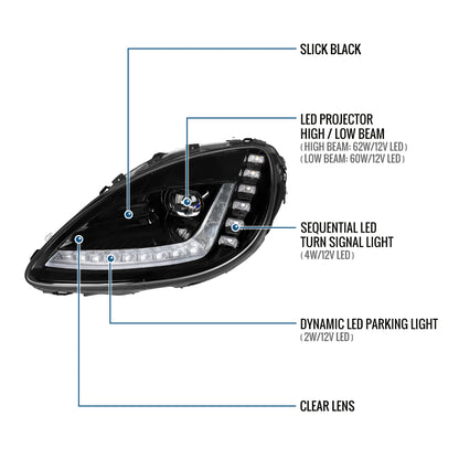 2005-2013 Chevy C6 Corvette Upgrade C7-Style Full LED Headlights Sequential Turn Signals + Animated Startup Assembly Pair | Black