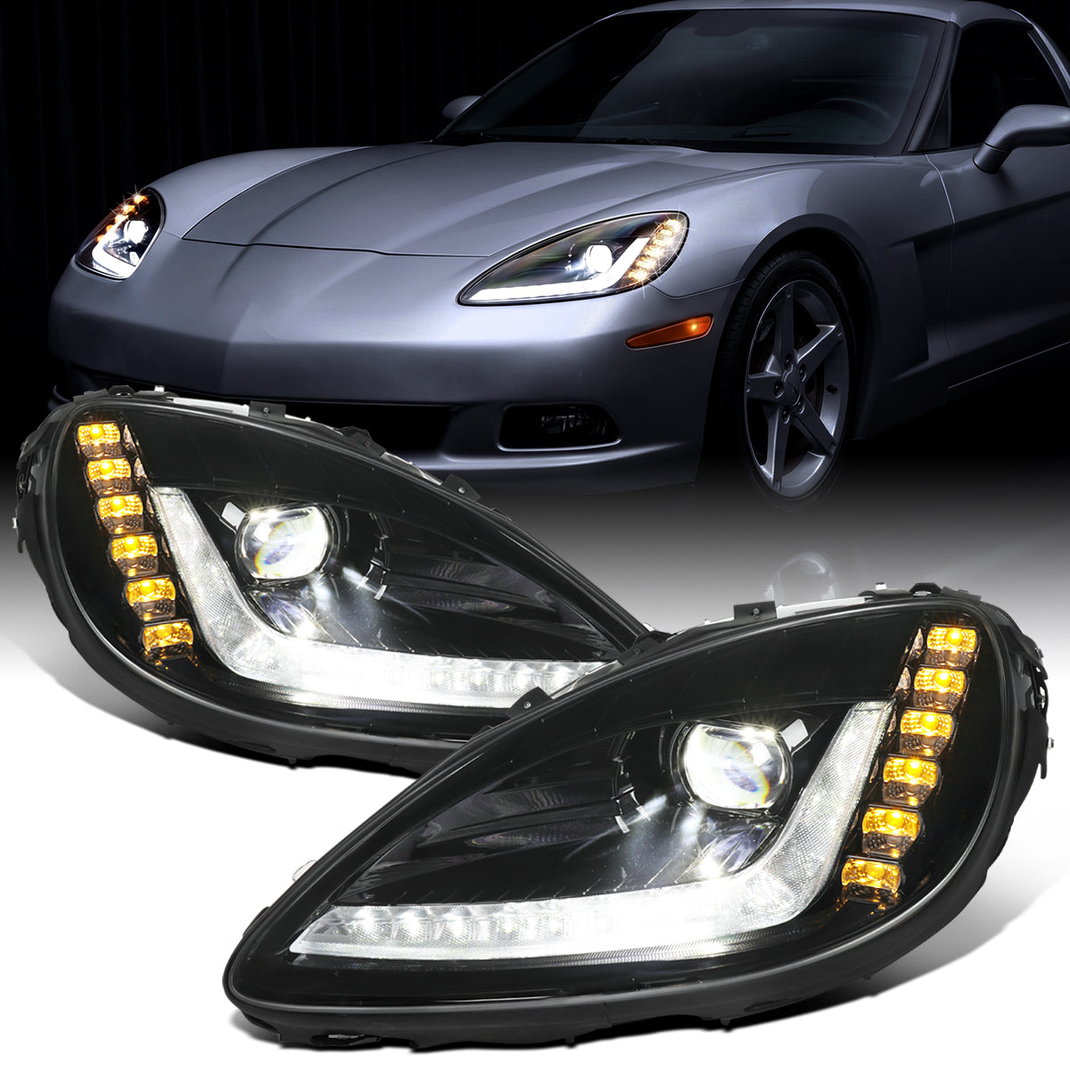 2005-2013 Chevy C6 Corvette Upgrade C7-Style Full LED Headlights Sequential Turn Signals + Animated Startup Assembly Pair | Black