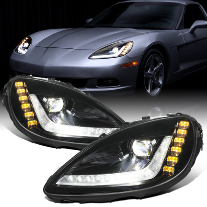 2005-2013 Chevy C6 Corvette Upgrade C7-Style Full LED Headlights Sequential Turn Signals + Animated Startup Assembly Pair | Black