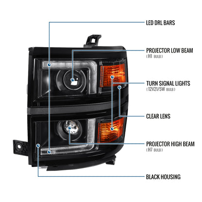 2014-2015 Chevy Silverado 1500 Upgrade LED DRL Dual Halogen Projector Headlights Pair | Black Trim