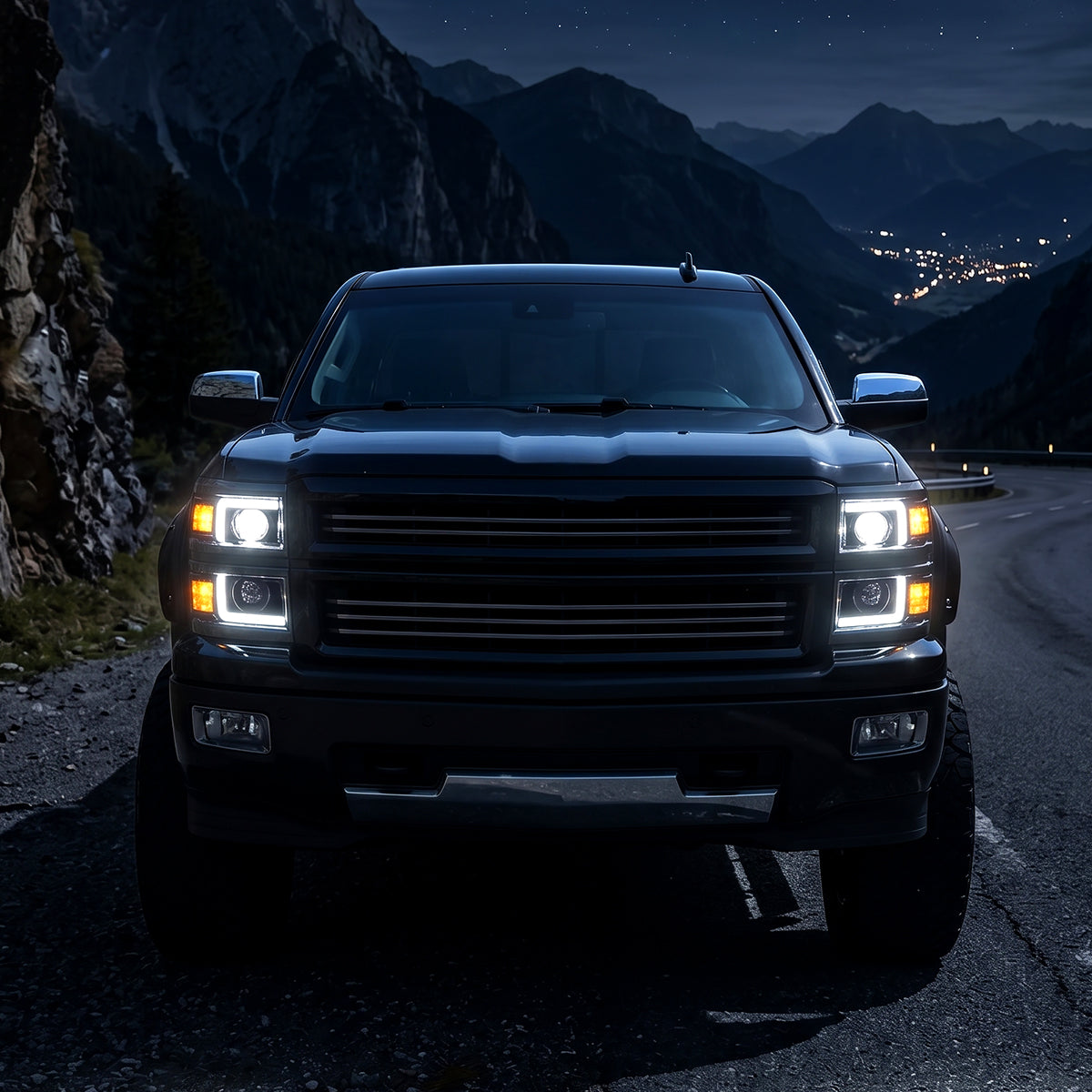 2014-2015 Chevy Silverado 1500 Upgrade LED DRL Dual Halogen Projector Headlights Pair | Black Trim
