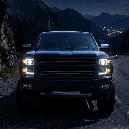 2014-2015 Chevy Silverado 1500 Upgrade LED DRL Dual Halogen Projector Headlights Pair | Black Trim