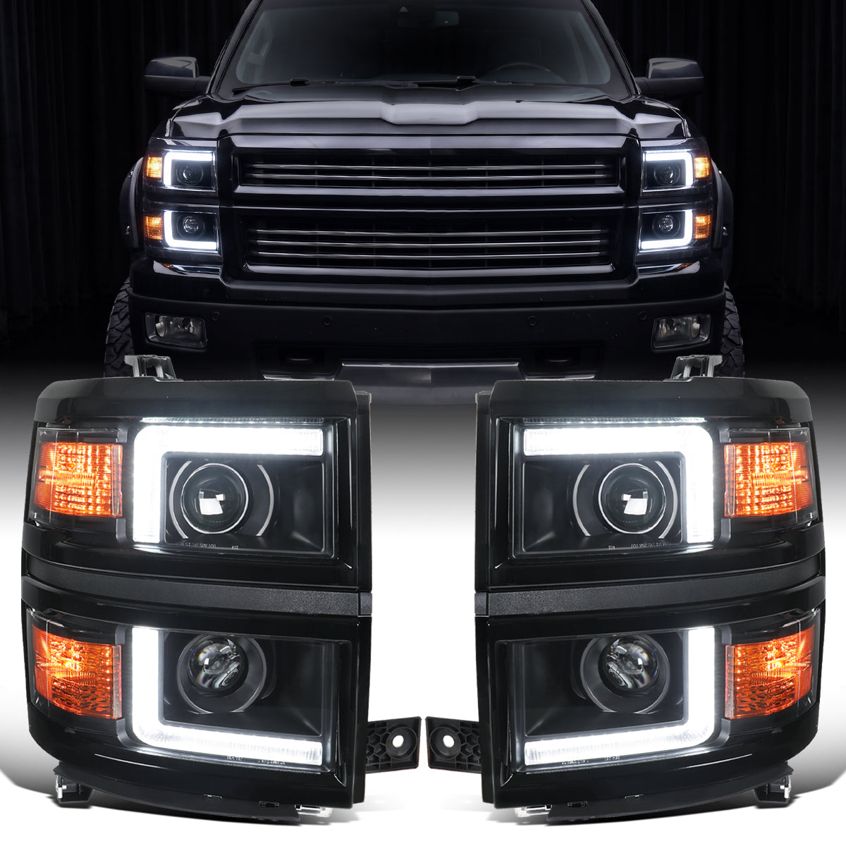 2014-2015 Chevy Silverado 1500 Upgrade LED DRL Dual Halogen Projector Headlights Pair | Black Trim
