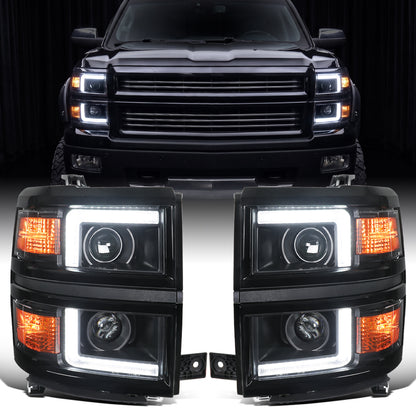 2014-2015 Chevy Silverado 1500 Upgrade LED DRL Dual Halogen Projector Headlights Pair | Black Trim
