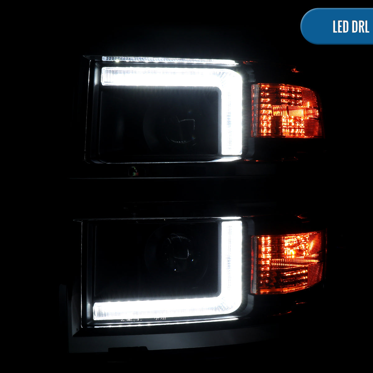 2014-2015 Chevy Silverado 1500 Upgrade LED DRL Dual Halogen Projector Headlights Pair | Chrome Trim