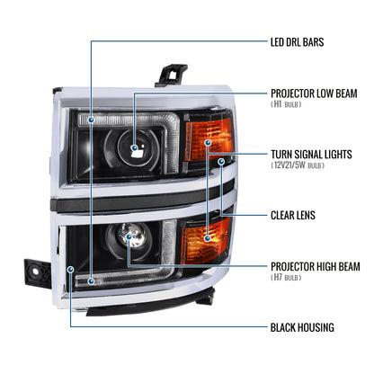 2014-2015 Chevy Silverado 1500 Upgrade LED DRL Dual Halogen Projector Headlights Pair | Chrome Trim