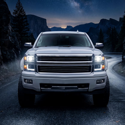 2014-2015 Chevy Silverado 1500 Upgrade LED DRL Dual Halogen Projector Headlights Pair | Chrome Trim