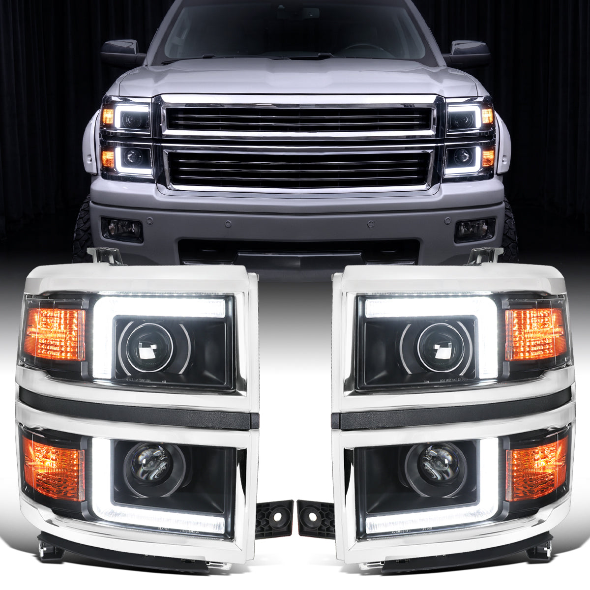 2014-2015 Chevy Silverado 1500 Upgrade LED DRL Dual Halogen Projector Headlights Pair | Chrome Trim