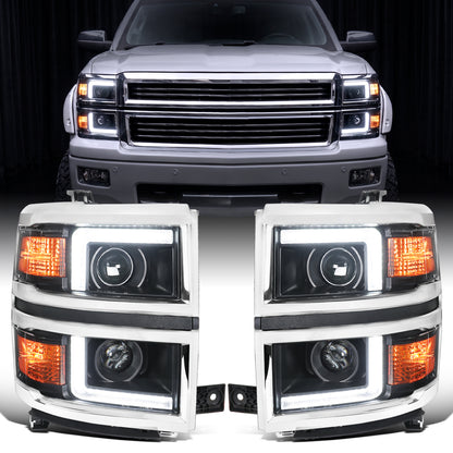 2014-2015 Chevy Silverado 1500 Upgrade LED DRL Dual Halogen Projector Headlights Pair | Chrome Trim