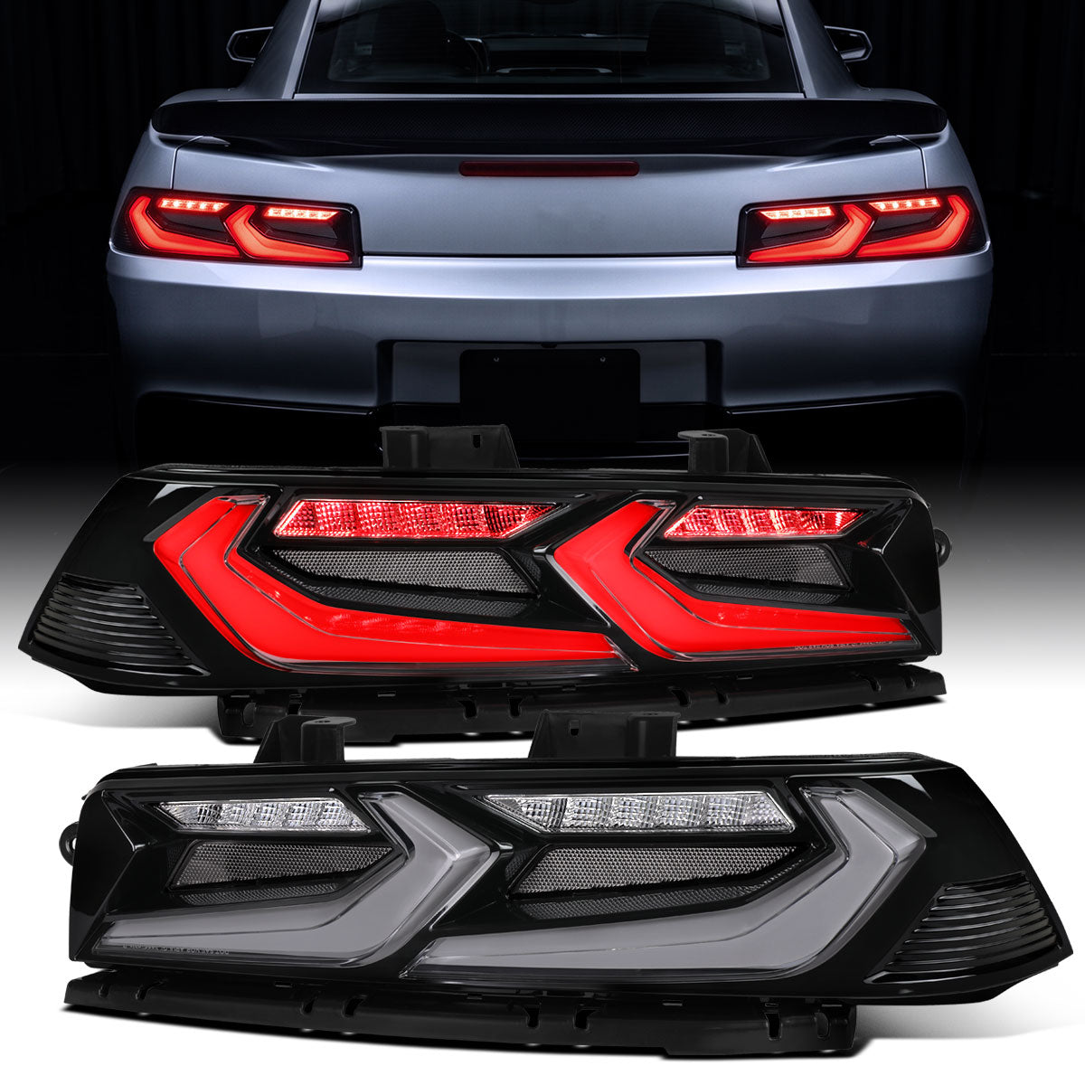Ronnin - Luces traseras LED completas inspiradas en el C8 para Chevy Camaro 2014-2015, actualización con animación de inicio, par | Negro Ahumado