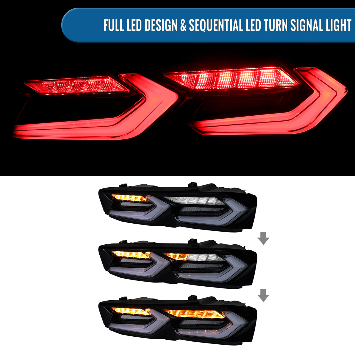 2019-2024 Chevy Camaro C8-Inspired Upgrade Full LED Sequential Turn Signals Tail Lights Assembly Pair | Black Smoke