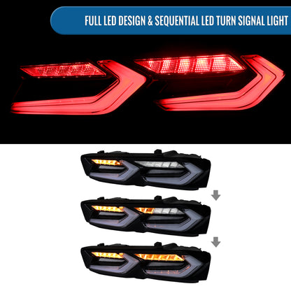 2019-2024 Chevy Camaro C8-Inspired Upgrade Full LED Sequential Turn Signals Tail Lights Assembly Pair | Black Smoke
