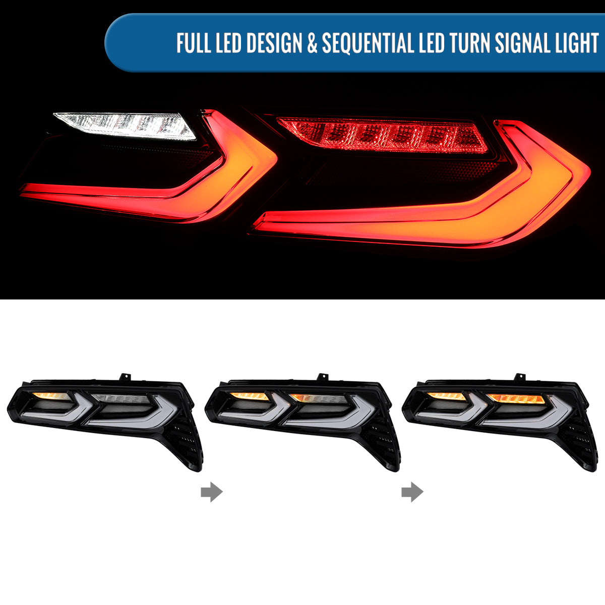 Ronnin - Se adapta a Chevy Corvette C7 de 2014-2019 a C8 Look, luces traseras LED completas, señal secuencial + conjunto de inicio animado, par | Negro