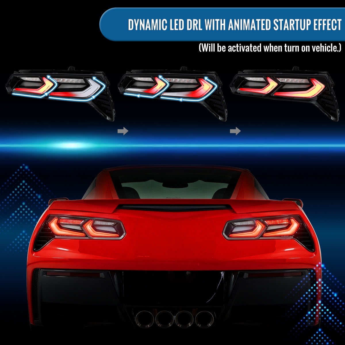 Ronnin - Se adapta a Chevy Corvette C7 de 2014-2019 a C8 Look, luces traseras LED completas, señal secuencial + conjunto de inicio animado, par | Negro