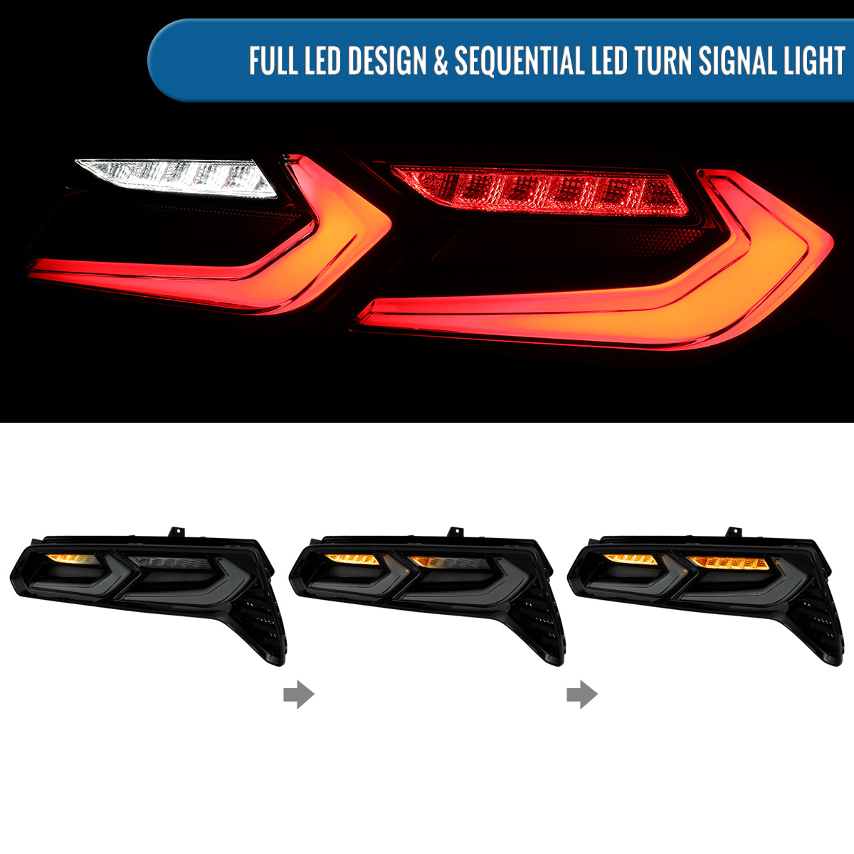 Ronnin - Luces traseras Full LED estilo C7 a C8 para Chevy Corvette 2014-2019, señal secuencial + conjunto de arranque animado (par) | Negro ahumado