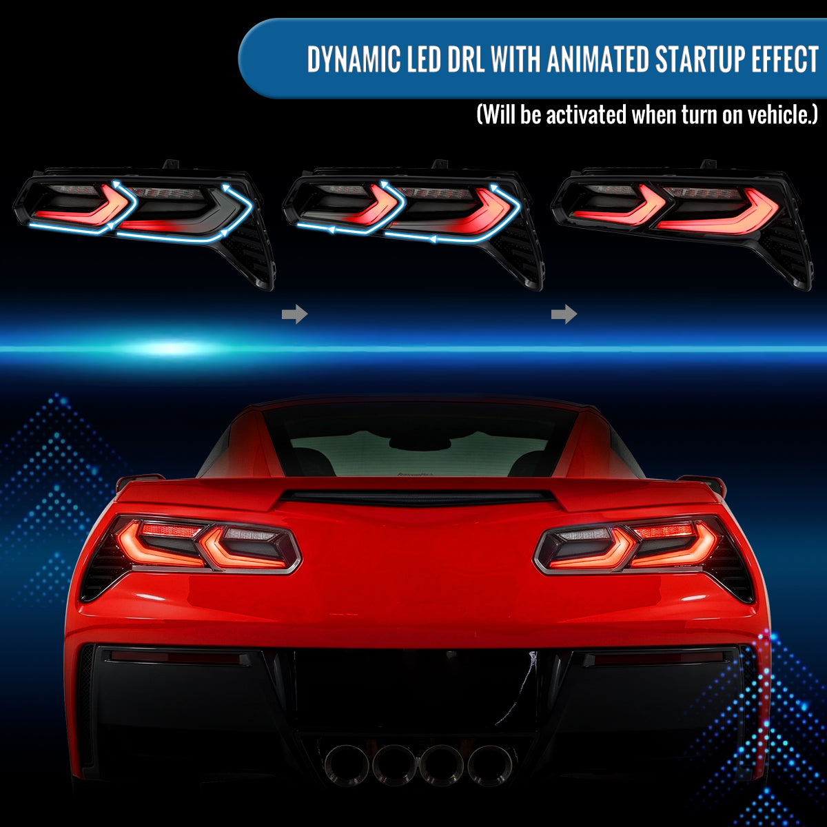 Ronnin - Luces traseras Full LED estilo C7 a C8 para Chevy Corvette 2014-2019, señal secuencial + conjunto de arranque animado (par) | Negro ahumado