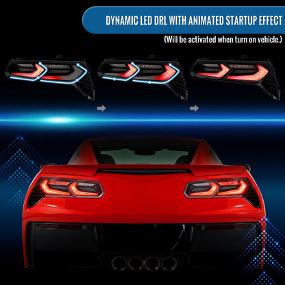 Ronnin - Luces traseras Full LED estilo C7 a C8 para Chevy Corvette 2014-2019, señal secuencial + conjunto de arranque animado (par) | Negro ahumado