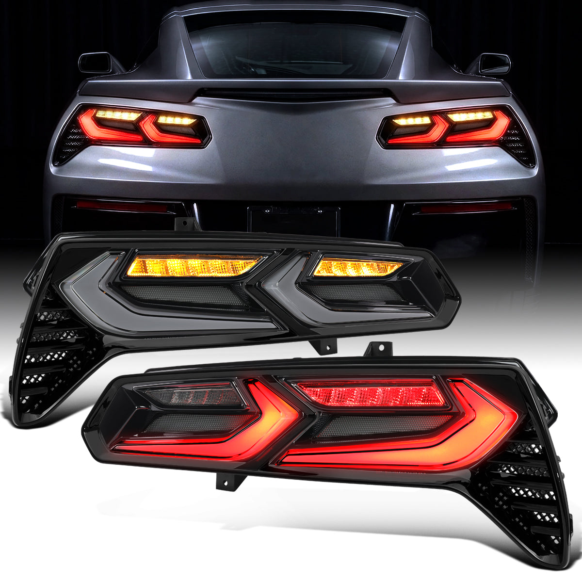 Ronnin - Luces traseras Full LED estilo C7 a C8 para Chevy Corvette 2014-2019, señal secuencial + conjunto de arranque animado (par) | Negro ahumado