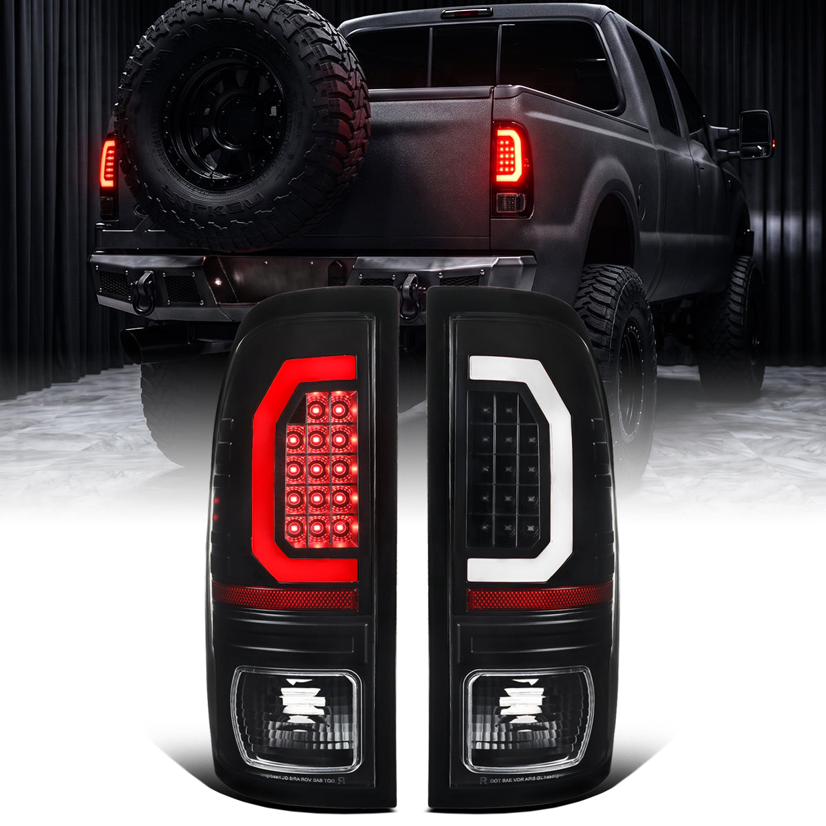 1997-2007 Ford F150 F250 F350 F450 F550 LED Integrated Turn Signals and Brake Tail Lights Assembly Pair | Black | White Tube