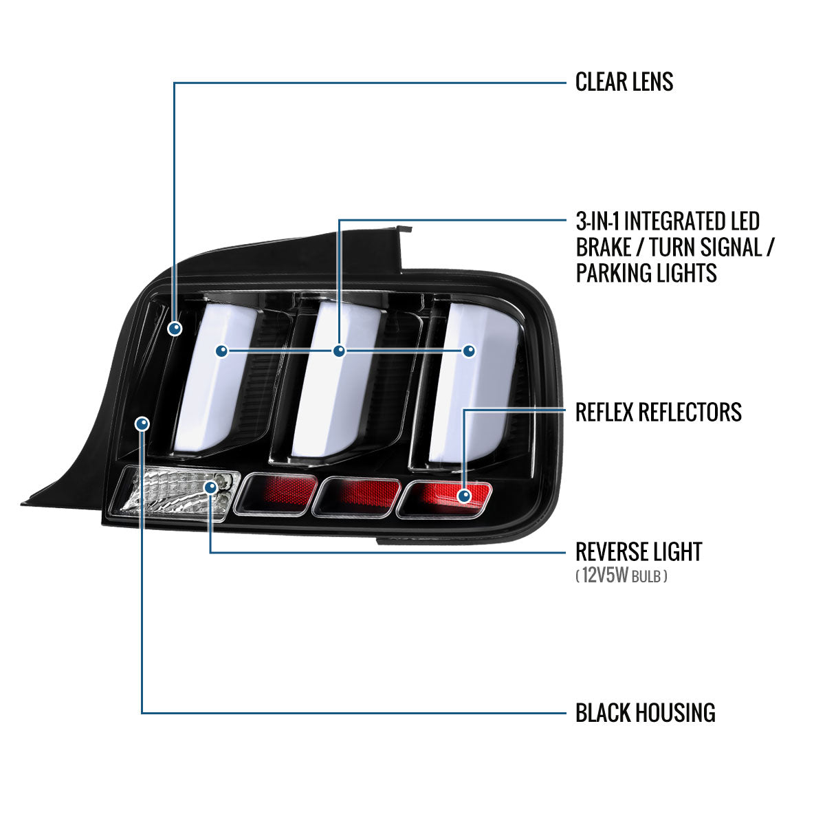 Ronnin - Compatible con Ford Mustang 2005-2009, par de luces traseras LED estilo Euro, de repuesto, con señal de giro de freno | Negro | Tubo blanco