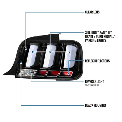 Ronnin - Compatible con Ford Mustang 2005-2009, par de luces traseras LED estilo Euro, de repuesto, con señal de giro de freno | Negro | Tubo blanco