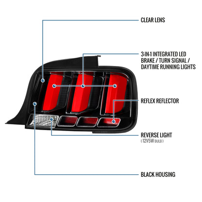 2005-2009 Ford Mustang Euro Style Upgrade Replacement LED Tube Brake Turn Signals Tail Lights Assembly Pair | Black