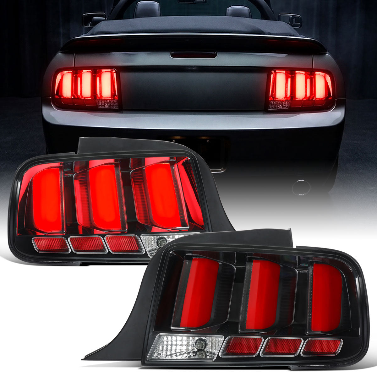 2005-2009 Ford Mustang Euro Style Upgrade Replacement LED Tube Brake Turn Signals Tail Lights Assembly Pair | Black