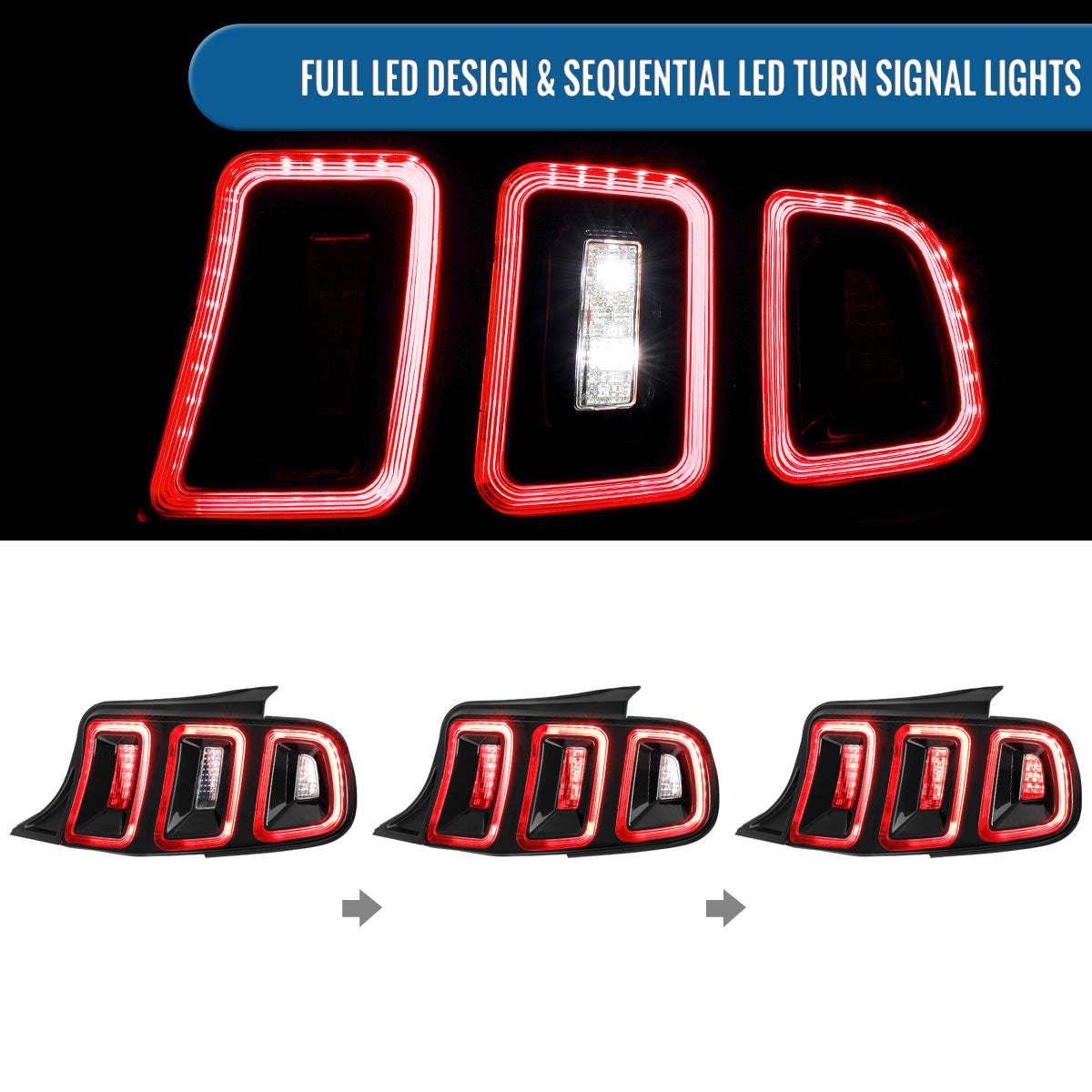 2010-2014 Ford Mustang Euro Style Upgrade  Full LED Sequential Turn Signals Tail Lights Assembly Pair | Black