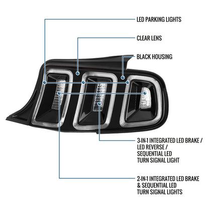 2010-2014 Ford Mustang Euro Style Upgrade  Full LED Sequential Turn Signals Tail Lights Assembly Pair | Black