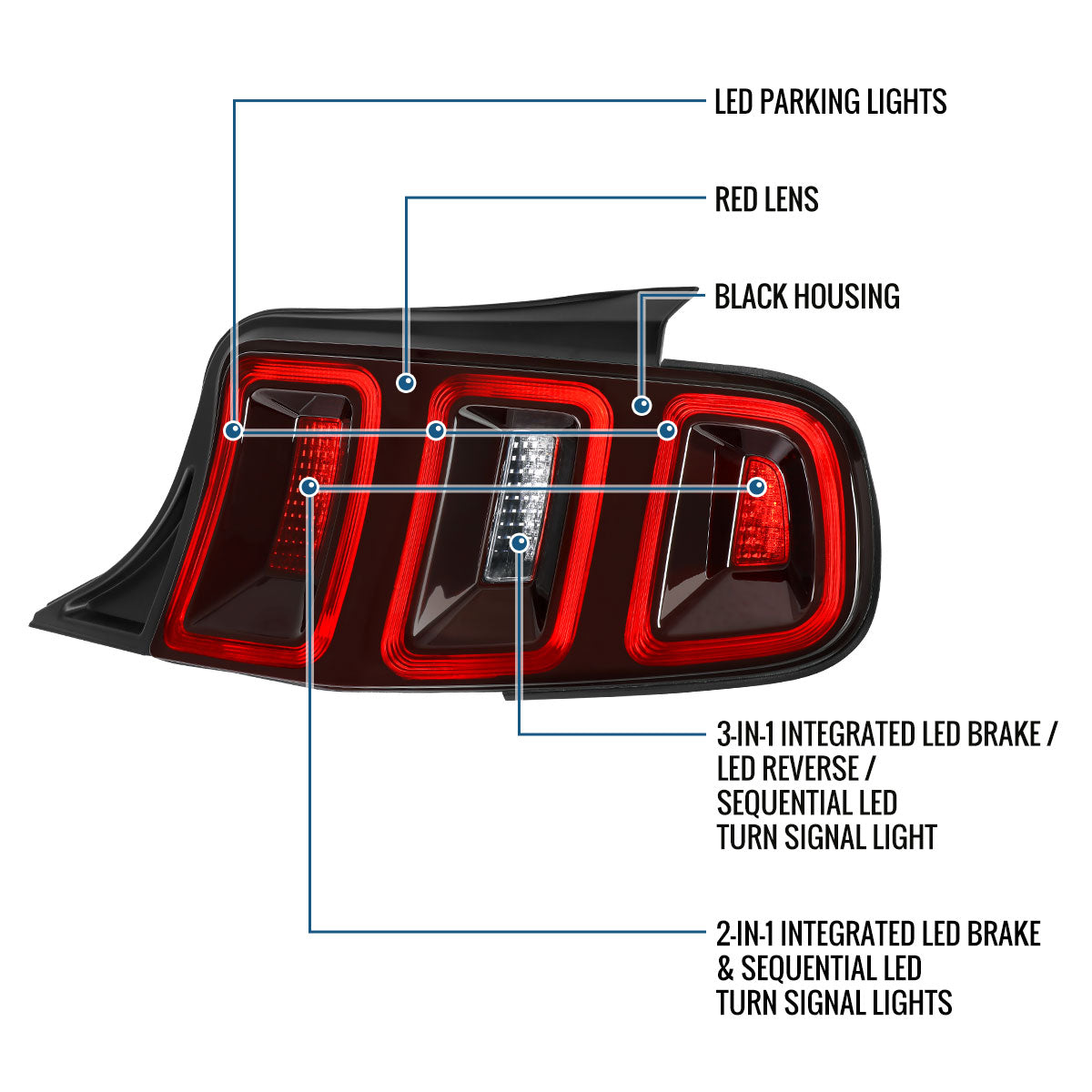 Ronnin - Se adapta a 2010-2014 Ford Mustang estilo europeo, actualización, intermitentes secuenciales LED completos, conjunto de luces traseras, par | Rojo