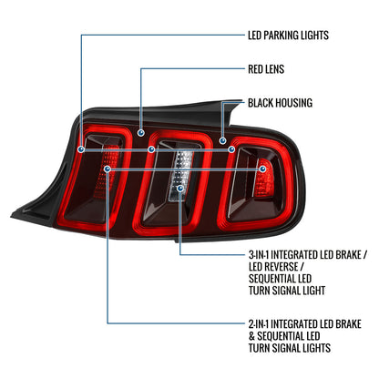Ronnin - Se adapta a 2010-2014 Ford Mustang estilo europeo, actualización, intermitentes secuenciales LED completos, conjunto de luces traseras, par | Rojo