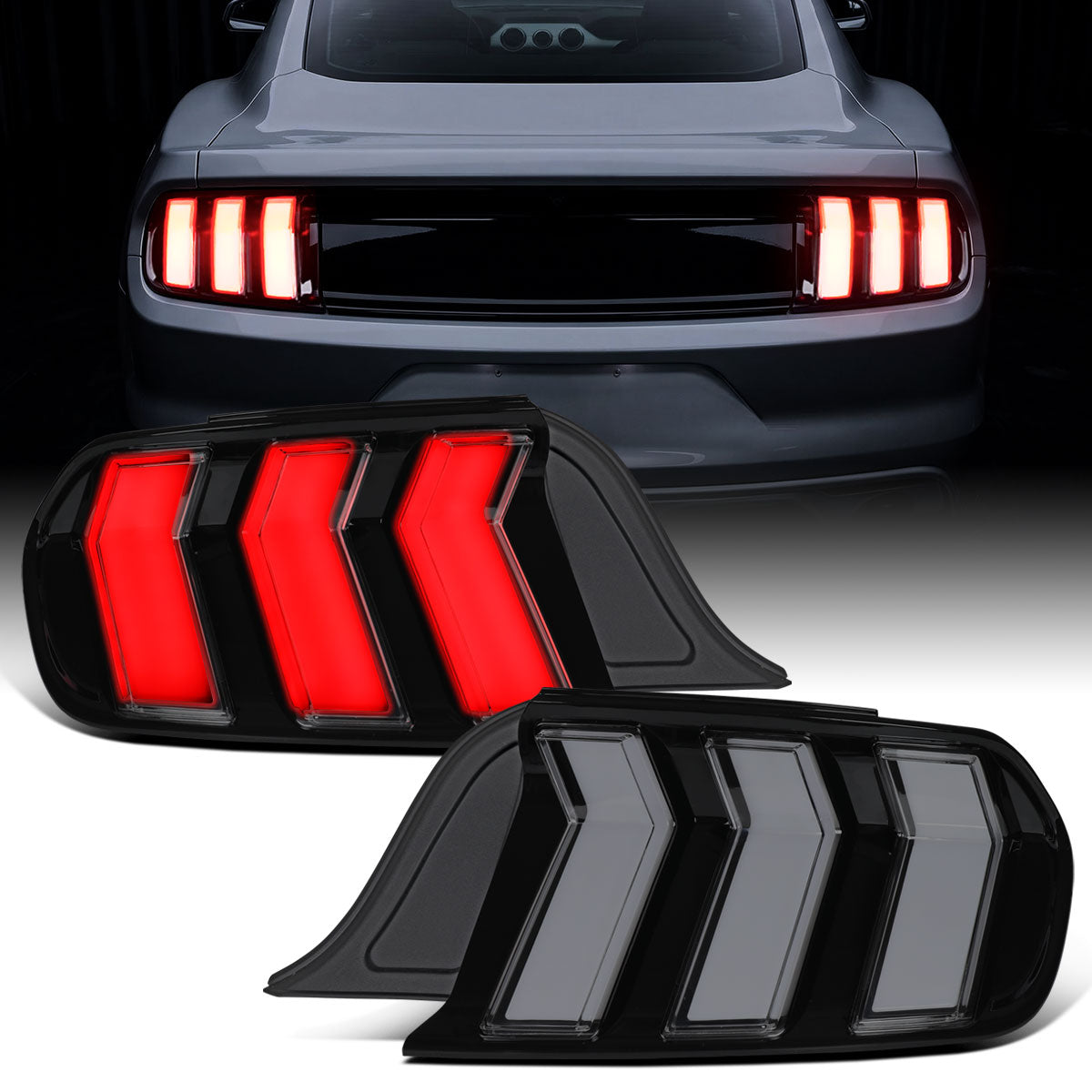 Ronnin - Se adapta a 2015-2023 Ford Mustang Luces Traseras de Repuesto Estilo Europeo Full LED con Intermitentes Secuenciales Ensamblaje Par | Negro Ahumado