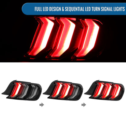 2015-2023 Ford Mustang Euro Style Replacement Full LED Sequential Turn Signals Tail Lights Assembly Pair | Black Smoke