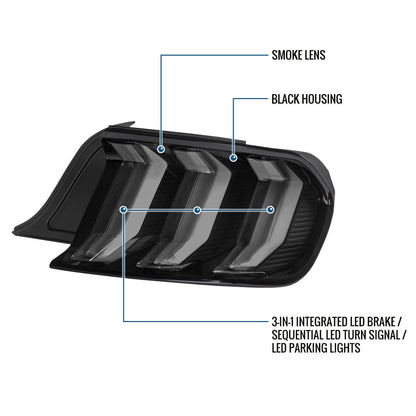 2015-2023 Ford Mustang Euro Style Replacement Full LED Sequential Turn Signals Tail Lights Assembly Pair | Black Smoke
