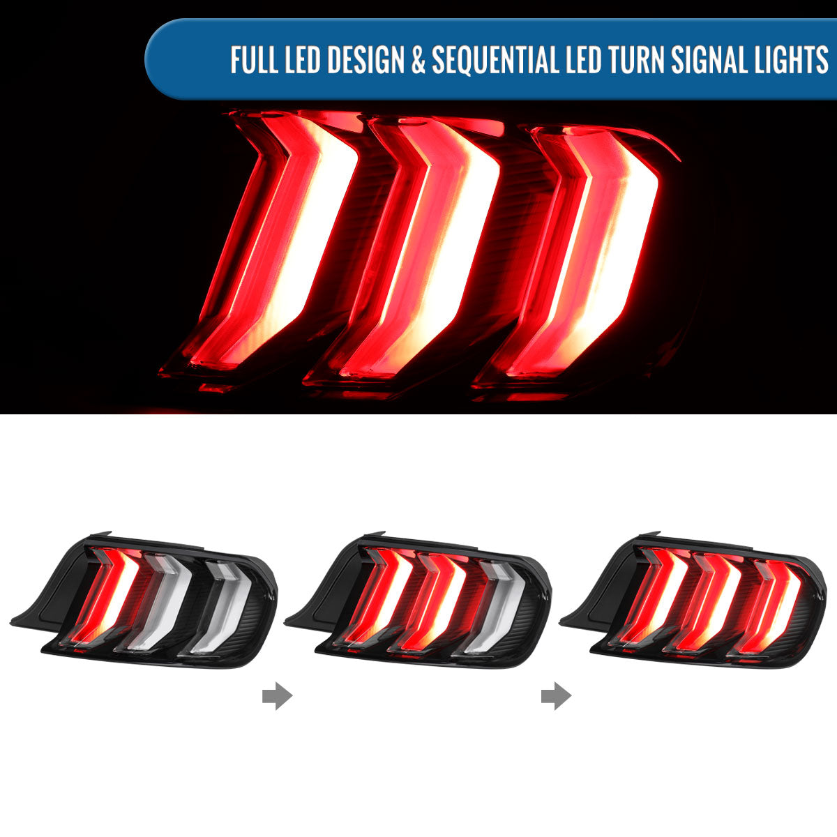 2015-2023 Ford Mustang Euro Style  Replacement Full LED Sequential Turn Signals Tail Lights Assembly Pair | Black