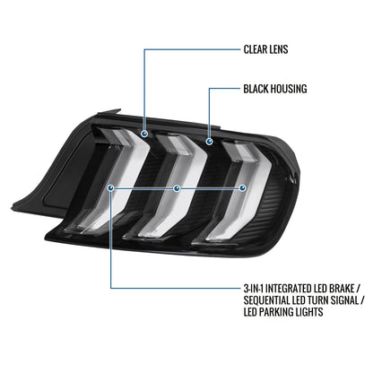 2015-2023 Ford Mustang Euro Style  Replacement Full LED Sequential Turn Signals Tail Lights Assembly Pair | Black