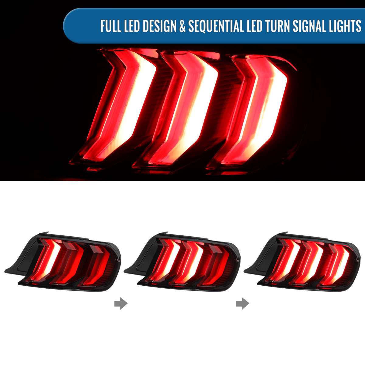 2015-2023 Ford Mustang Euro Style Replacement Full LED Sequential Turn Signals Tail Lights Assembly Pair | Red