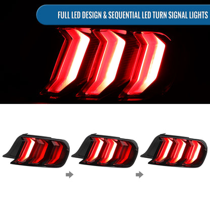 2015-2023 Ford Mustang Euro Style Replacement Full LED Sequential Turn Signals Tail Lights Assembly Pair | Red
