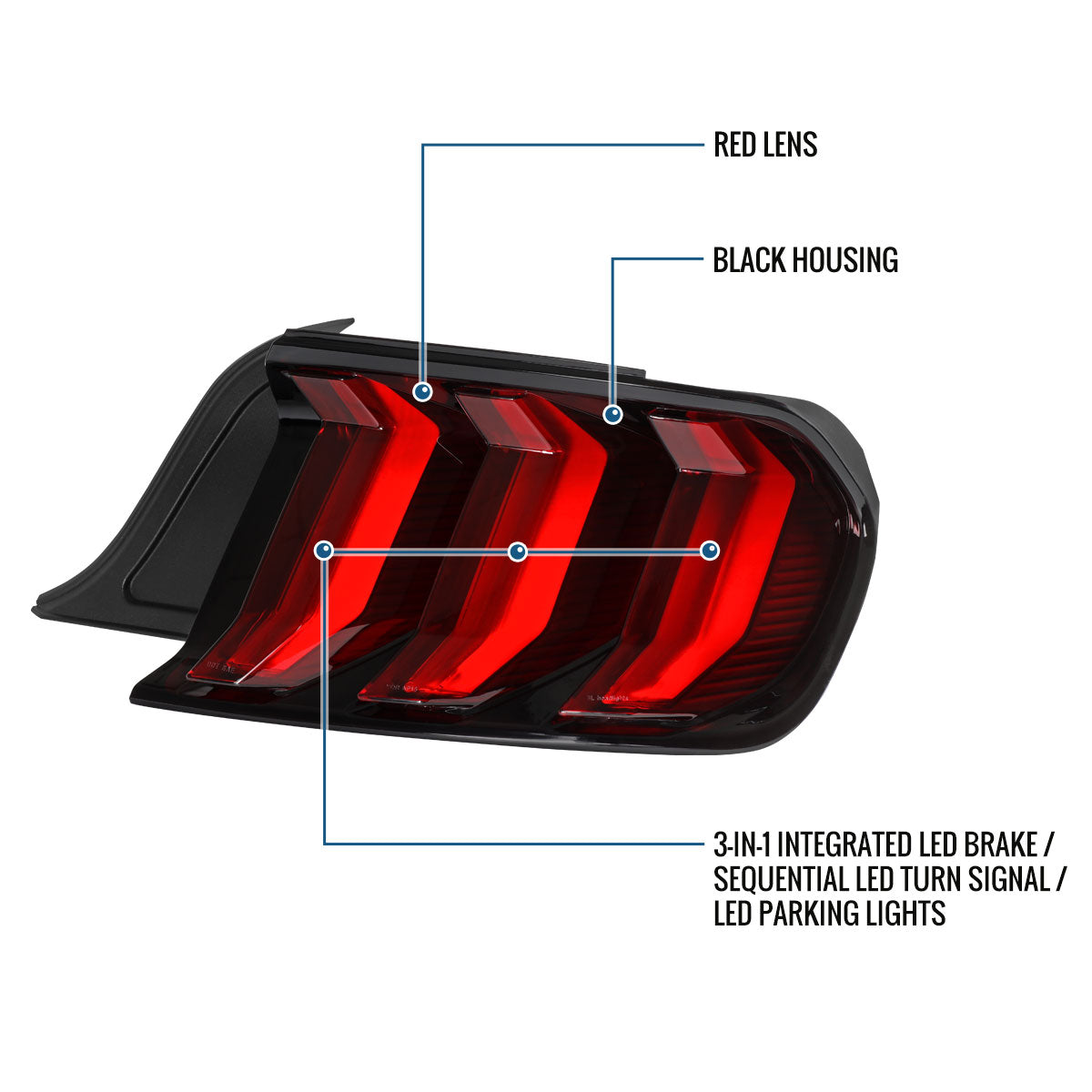 2015-2023 Ford Mustang Euro Style Replacement Full LED Sequential Turn Signals Tail Lights Assembly Pair | Red