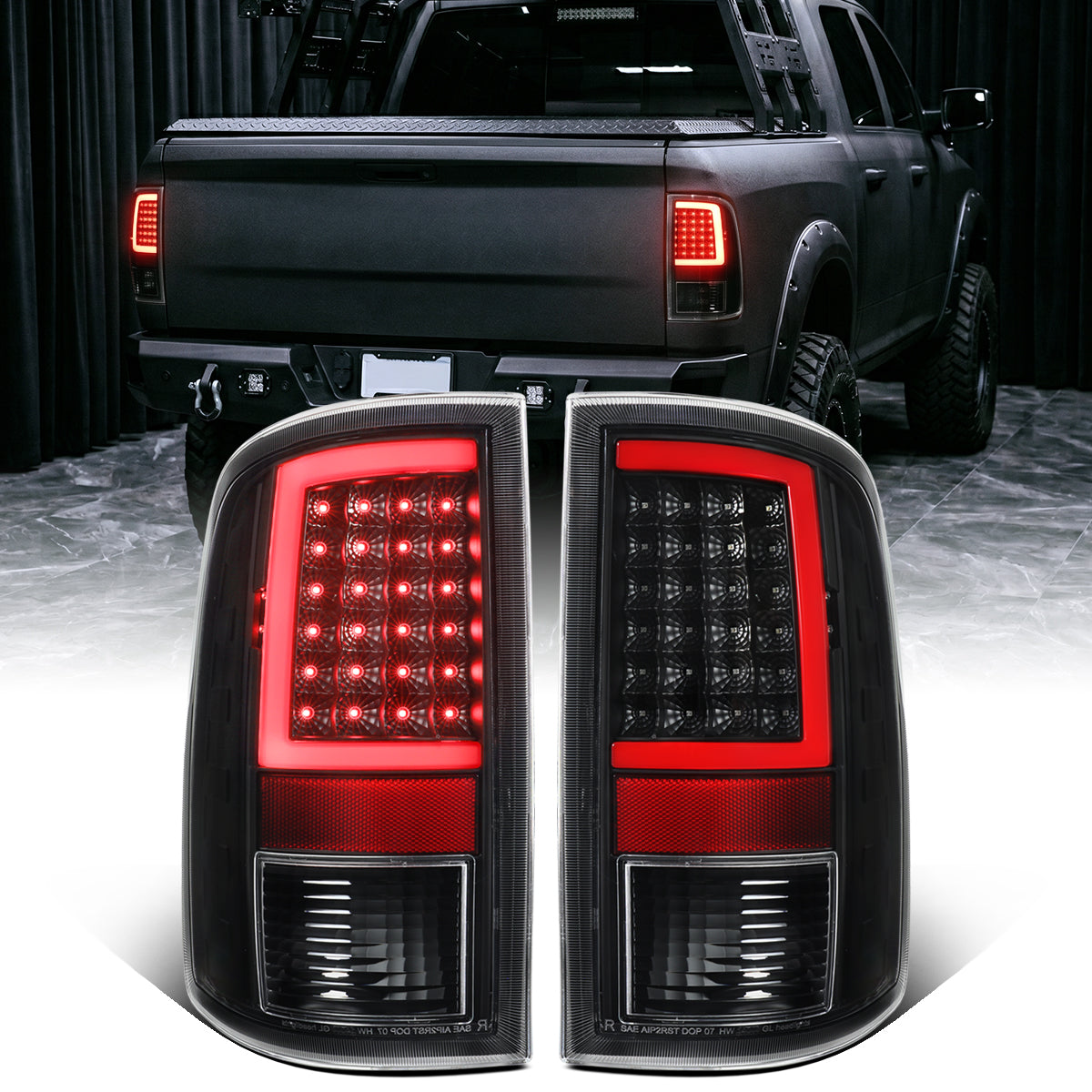 2009-2018 Dodge Ram 1500 2500 3500 LED Integrated Turn Signals and Brake Tail Lights Assembly Pair | Black