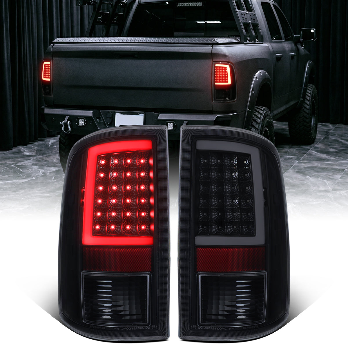 2009-2018 Dodge Ram 1500 2500 3500 LED Integrated Turn Signals and Brake Tail Lights Assembly Pair | Black Smoke