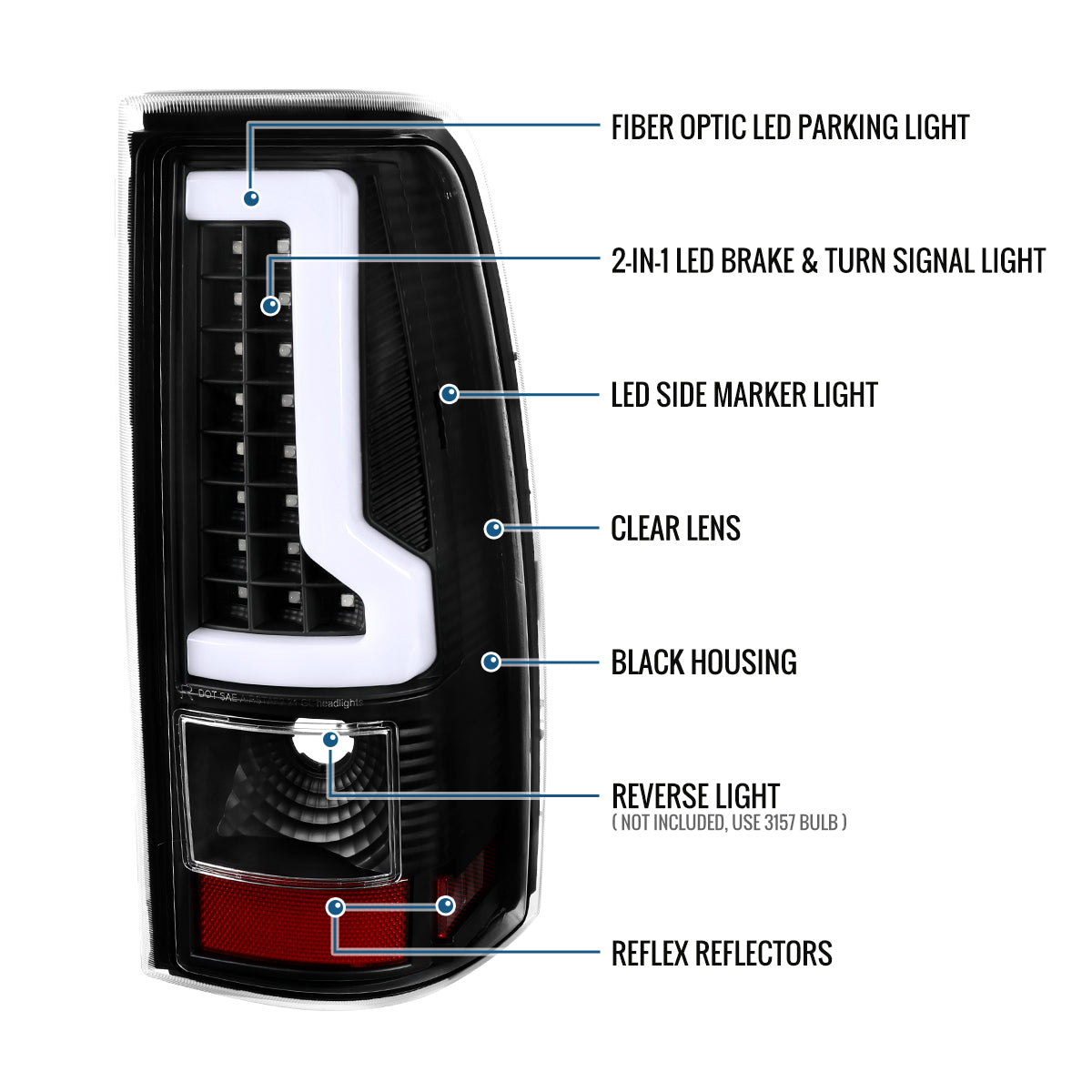 2003-2007 Chevy Silverado 1500 2500 3500 HD Upgrade LED Integrated Brake and Turn Signals Tail Lights Assembly Pair | Black | White Tube