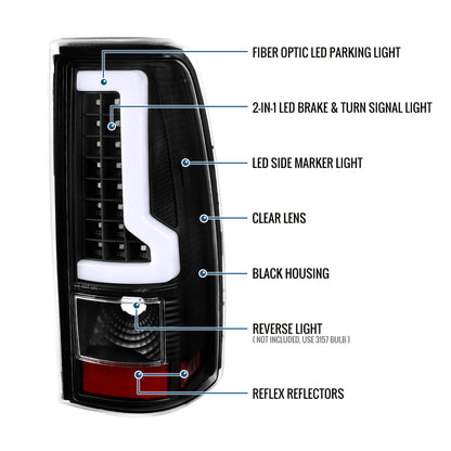 2003-2007 Chevy Silverado 1500 2500 3500 HD Upgrade LED Integrated Brake and Turn Signals Tail Lights Assembly Pair | Black | White Tube
