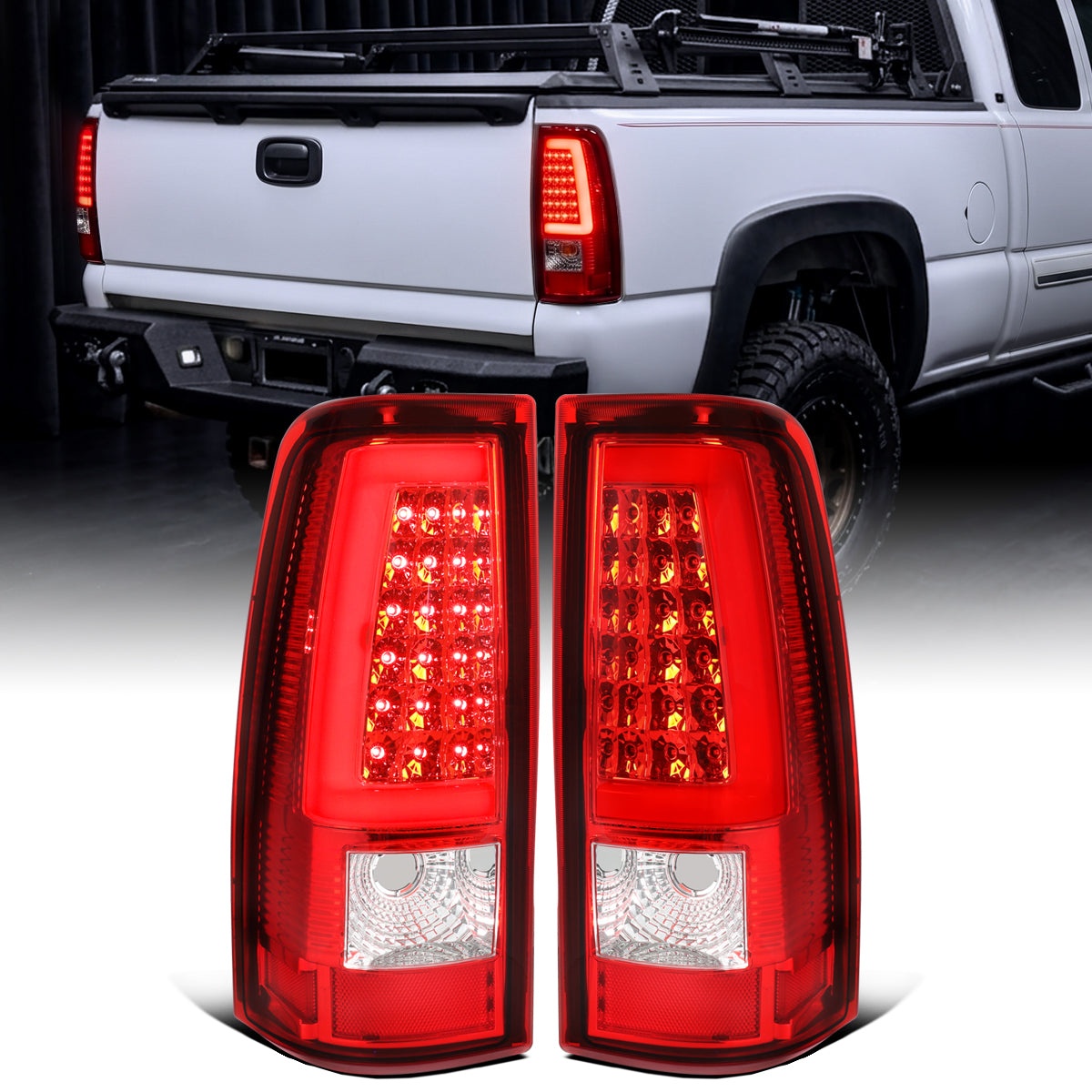 2003-2007 Chevy Silverado 1500 2500 3500 Upgrade LED Integrated Brake and Turn Signals Tail Lights Assembly Pair | Red