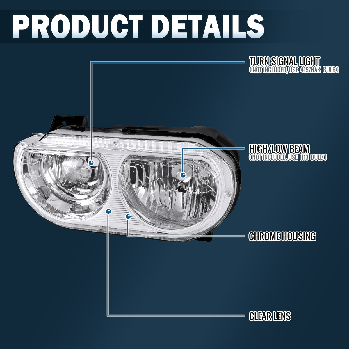 2008-2014 Dodge Challenger Halogen Headlights Pair | Chrome
